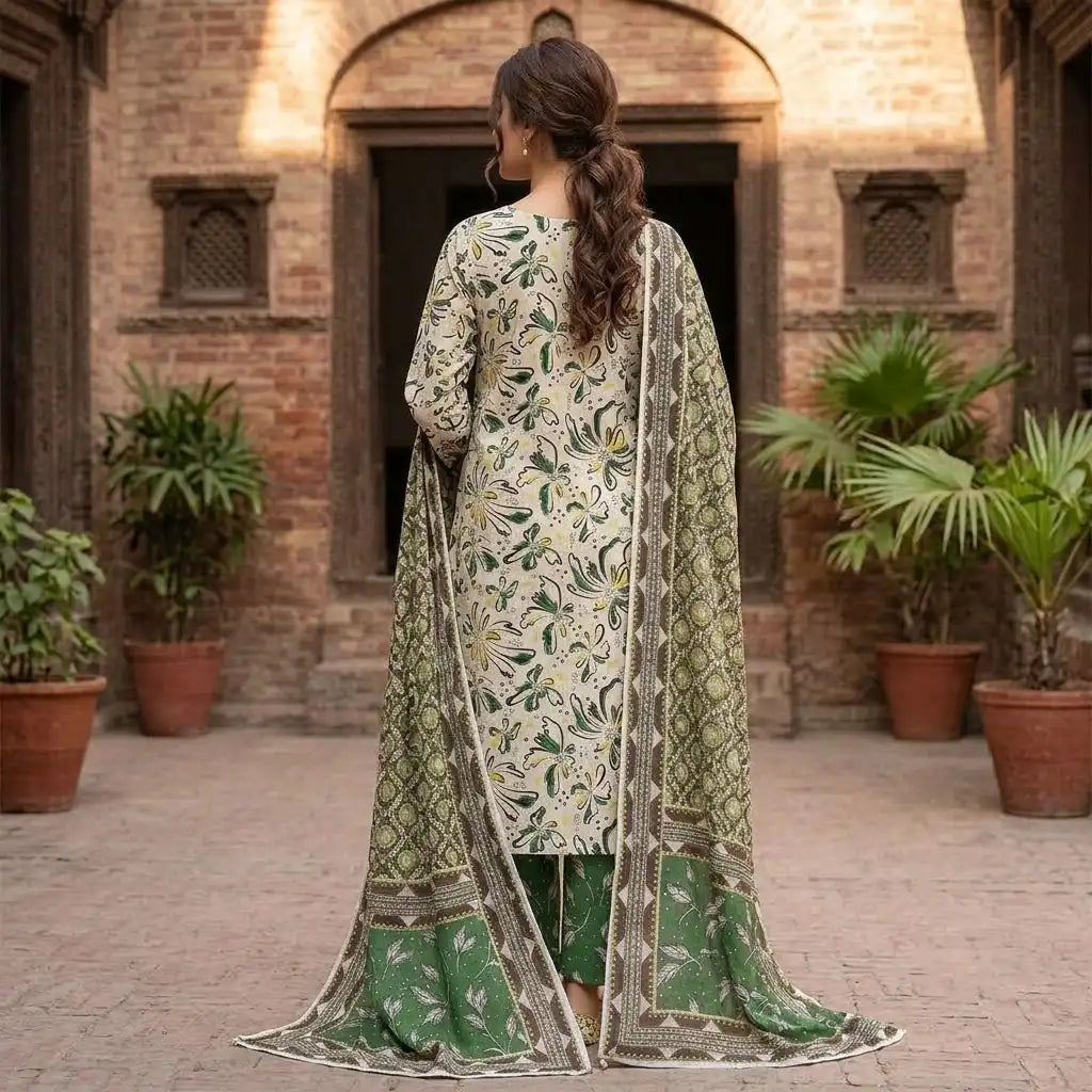 Olive Green & Cream Botanical 3 Piece Unstitched Lawn Suit