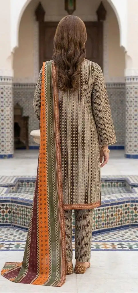 Chic Striped Stitched 3 Piece Lawn Suit