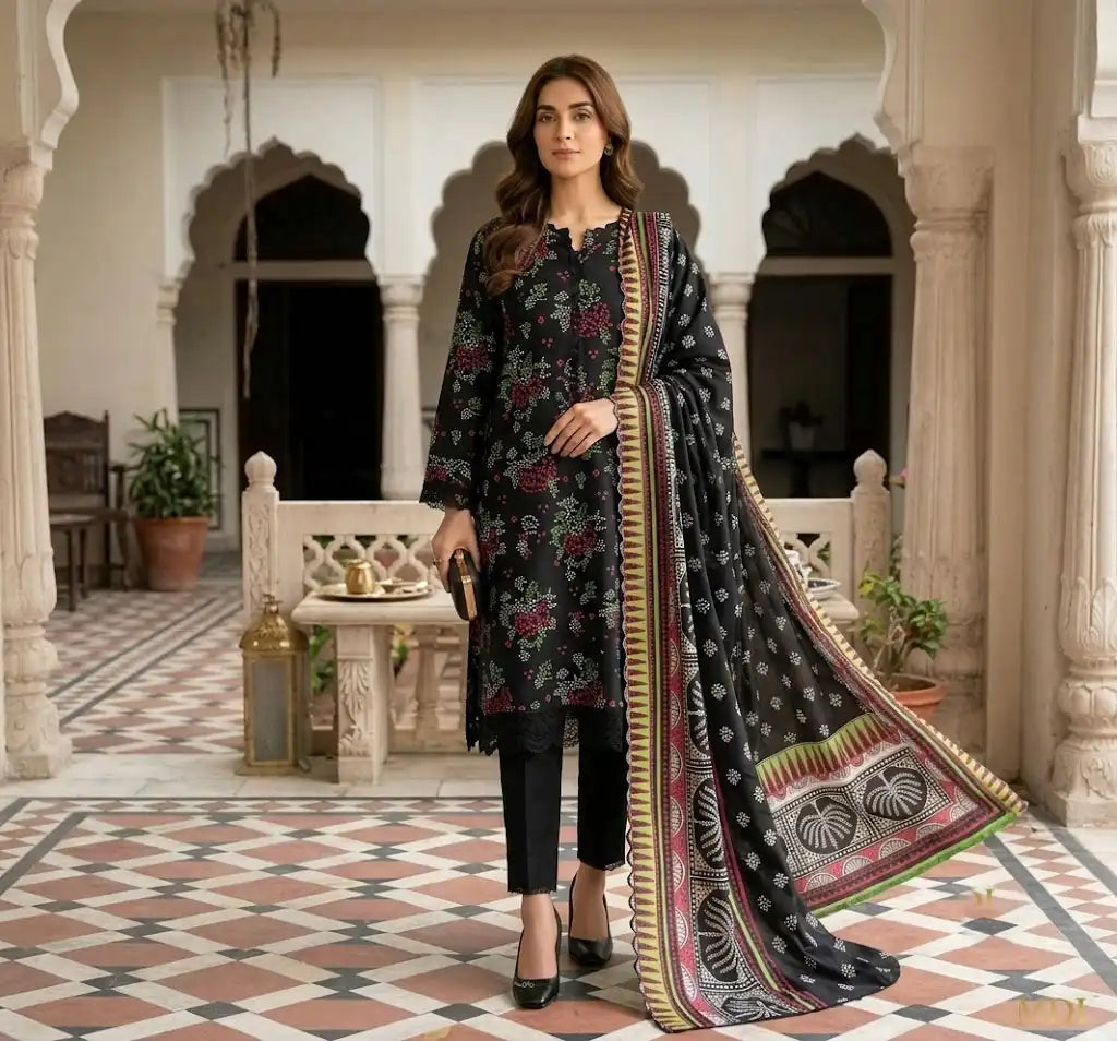 Elegant Black Unstitched 3 Piece Printed Lawn Suit