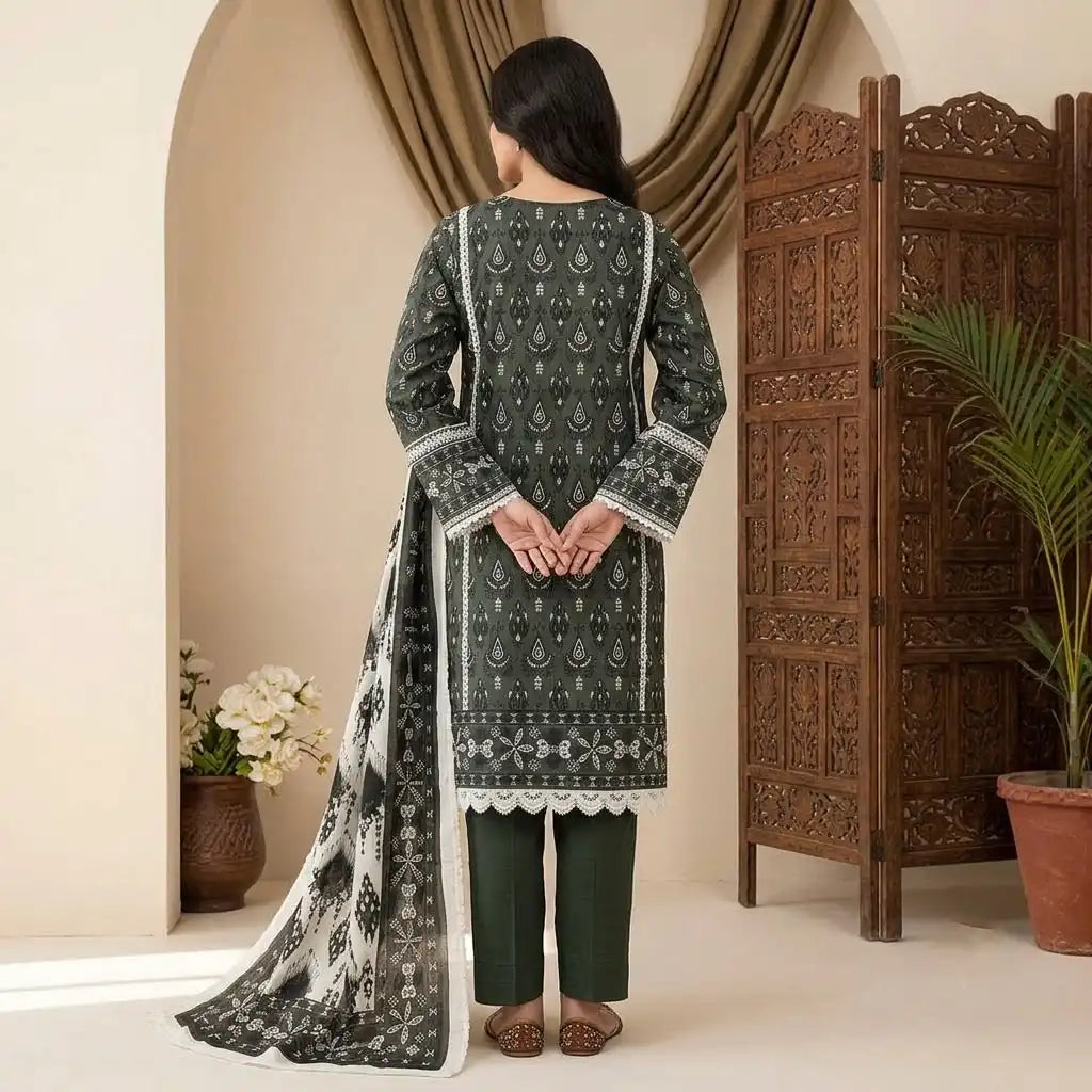 Classic Dark Green Unstitched 3 Piece Lawn Suit
