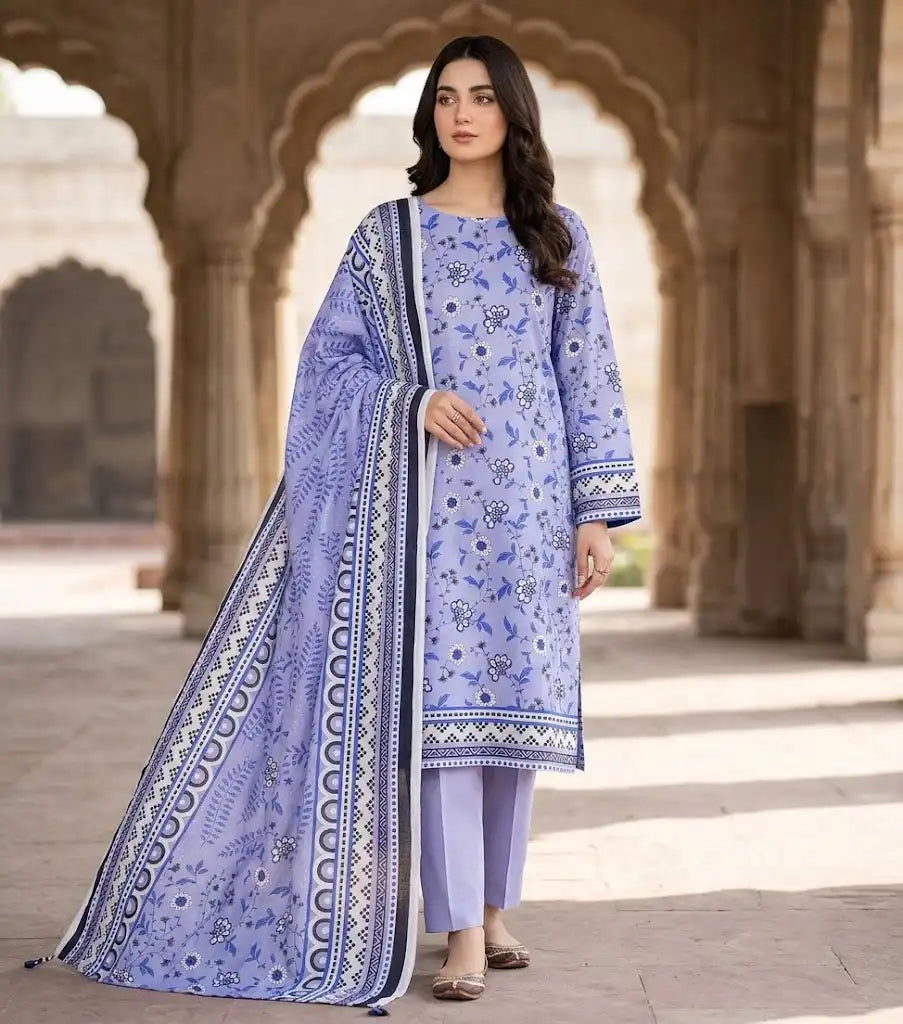 Soft Lavender & Blue Floral 3 Piece Unstitched Lawn Suit