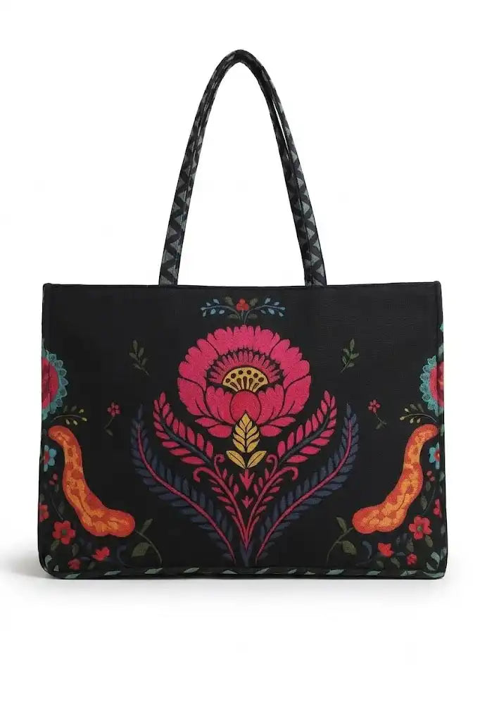 Vibrant Black Floral Embroidered Cultural Tote Bag