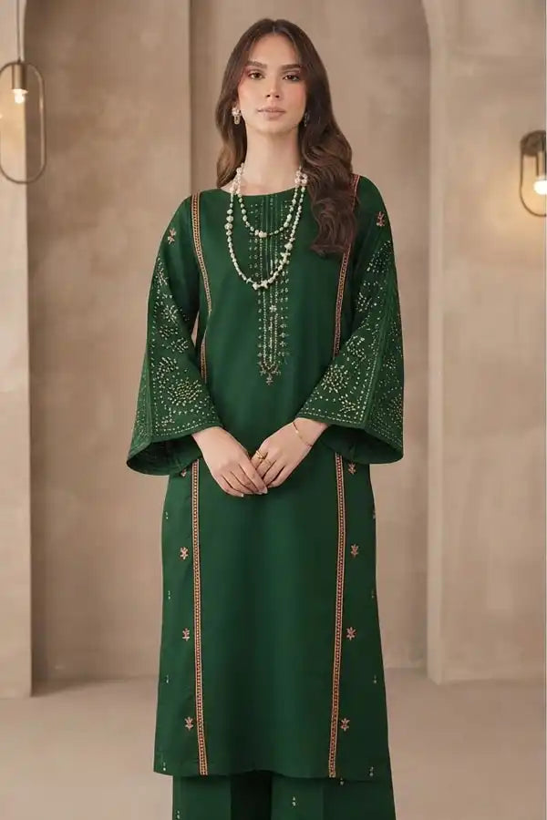 Deep Green Unstitched 2-Piece Lawn Suit with Lined Embroidery