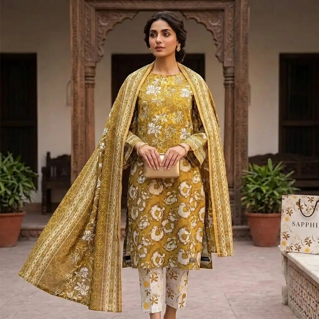 Vibrant Mustard Unstitched 3 Piece Printed Lawn Suit