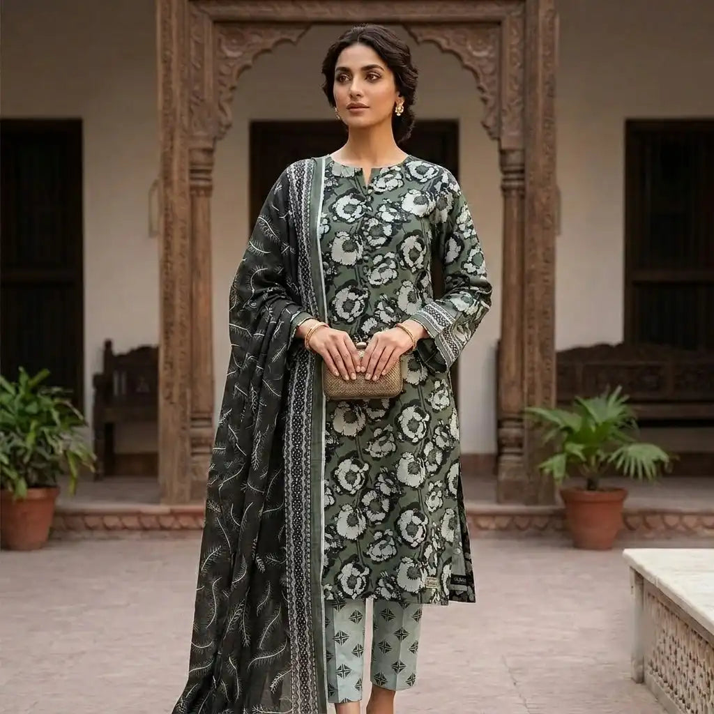 Elegant Green Unstitched 3 Piece Printed Lawn Suit
